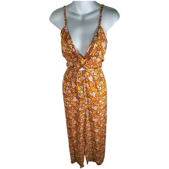 Larsyn & Lily Floral Burnt Orange Jumpsuit Smock Back Deep V-Neck Size Large - Picture 4 of 15